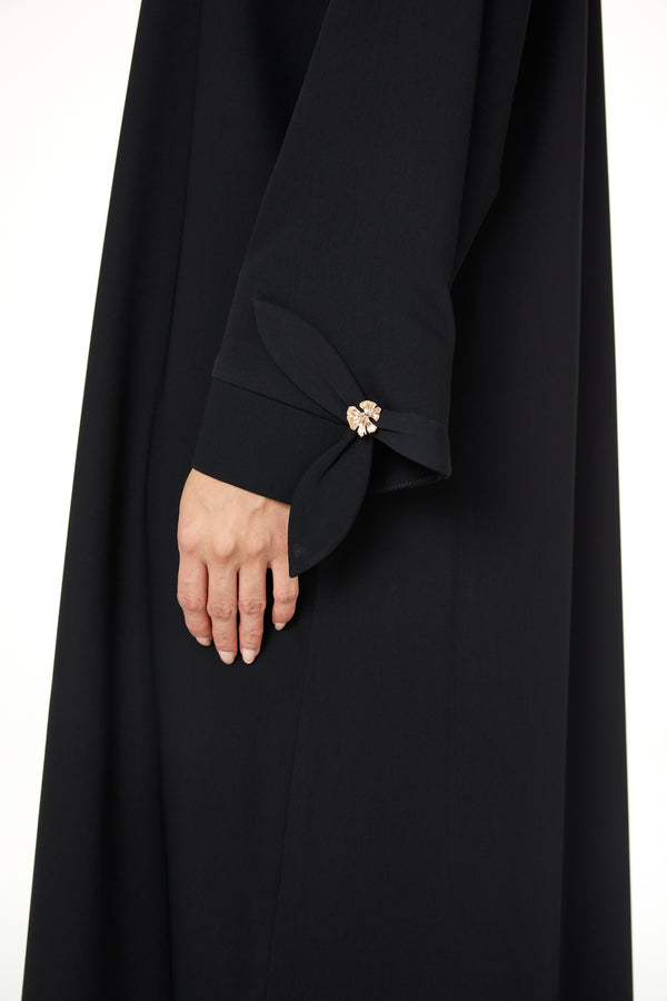 Black Layan Crepe Abaya with Petal Sleeve Button Detail