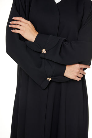Black Layan Crepe Abaya with Petal Sleeve Button Detail