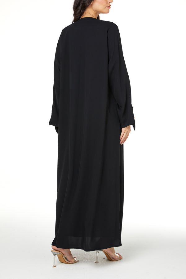 Black Layan Crepe Abaya with Petal Sleeve Button Detail