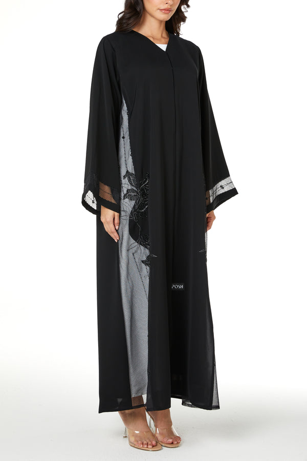 Black Royal Nada Custom Abaya, Side Beadwork Lines