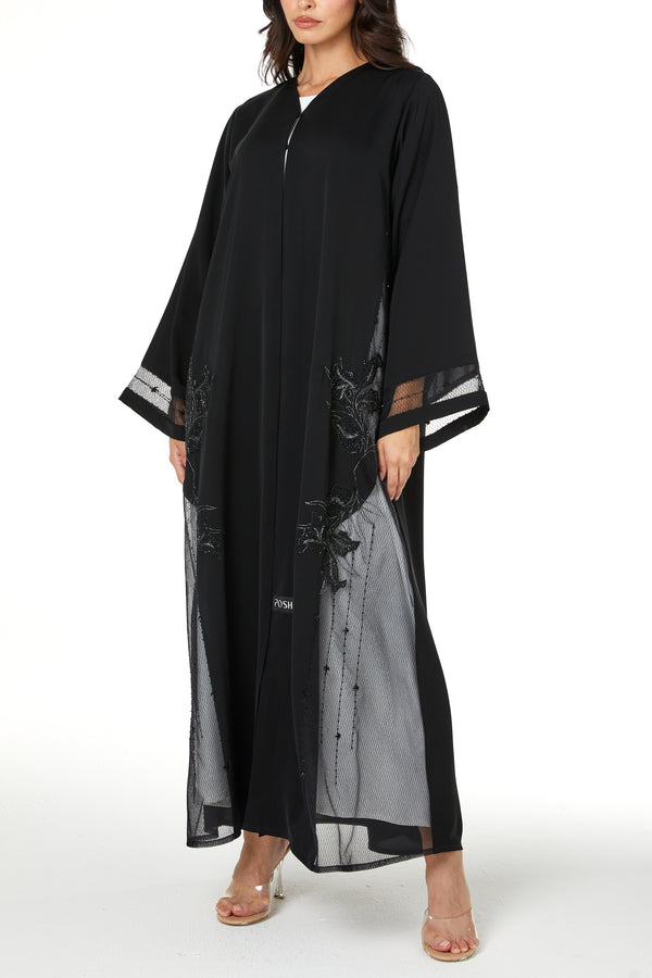 Black Royal Nada Custom Abaya, Side Beadwork Lines