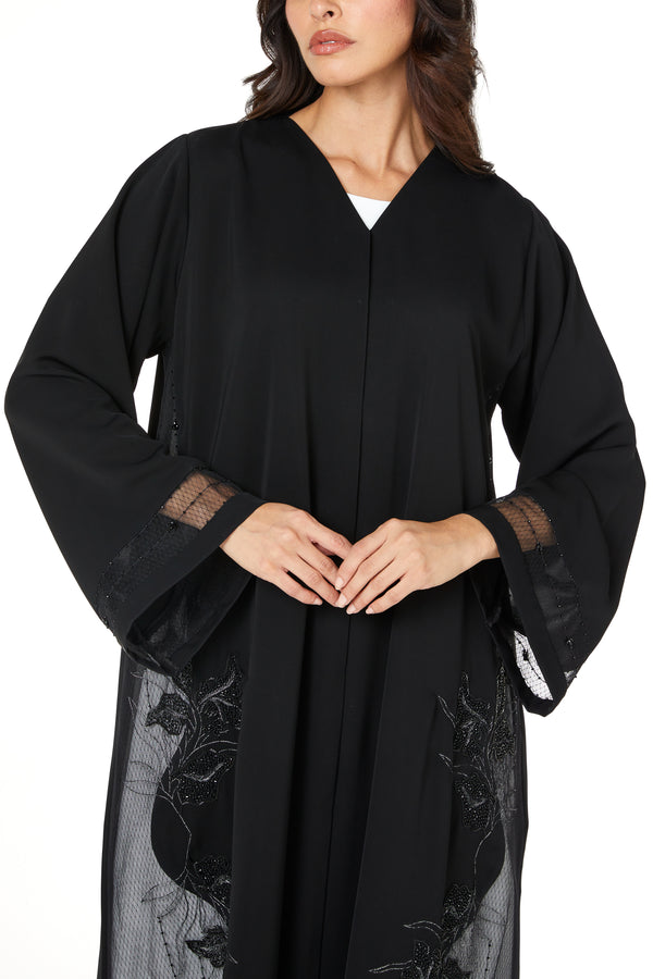 Black Royal Nada Abaya with Side Panel Beadwork Detail
