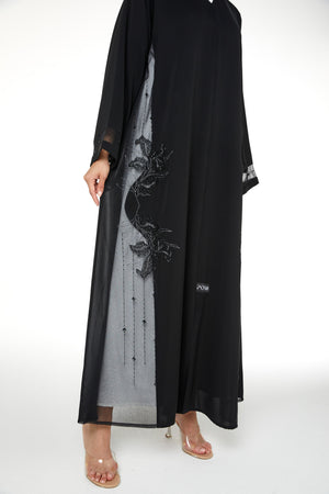 Black Royal Nada Custom Abaya, Side Beadwork Lines