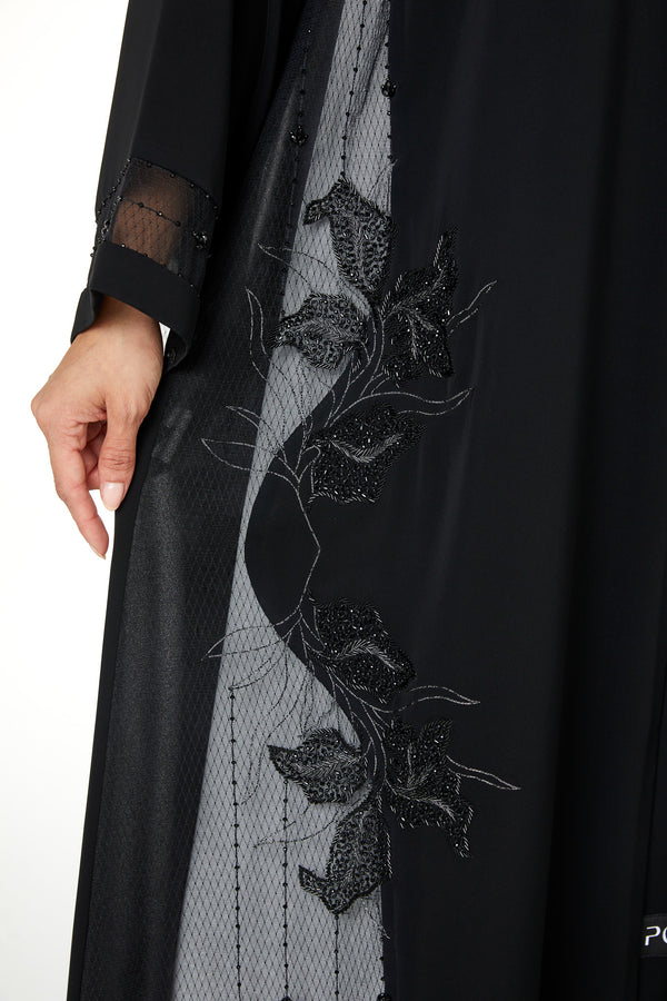 Black Royal Nada Abaya with Side Panel Beadwork Detail