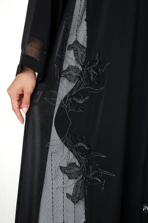 Black Royal Nada Custom Abaya, Side Beadwork Lines