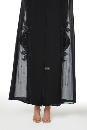 Black Royal Nada Custom Abaya, Side Beadwork Lines