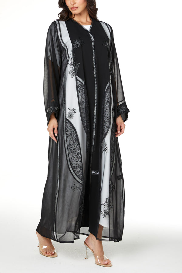 Black Elora Chiffon, Front and Side Beadwork Detail