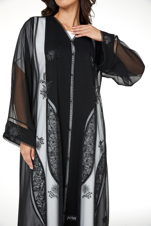 Black Elora Chiffon, Front and Side Beadwork Detail