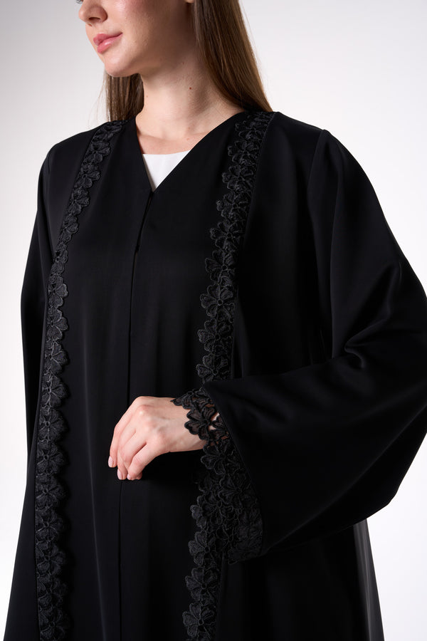 Black Reem Nada Abaya with Dual Lace Panel Detailing