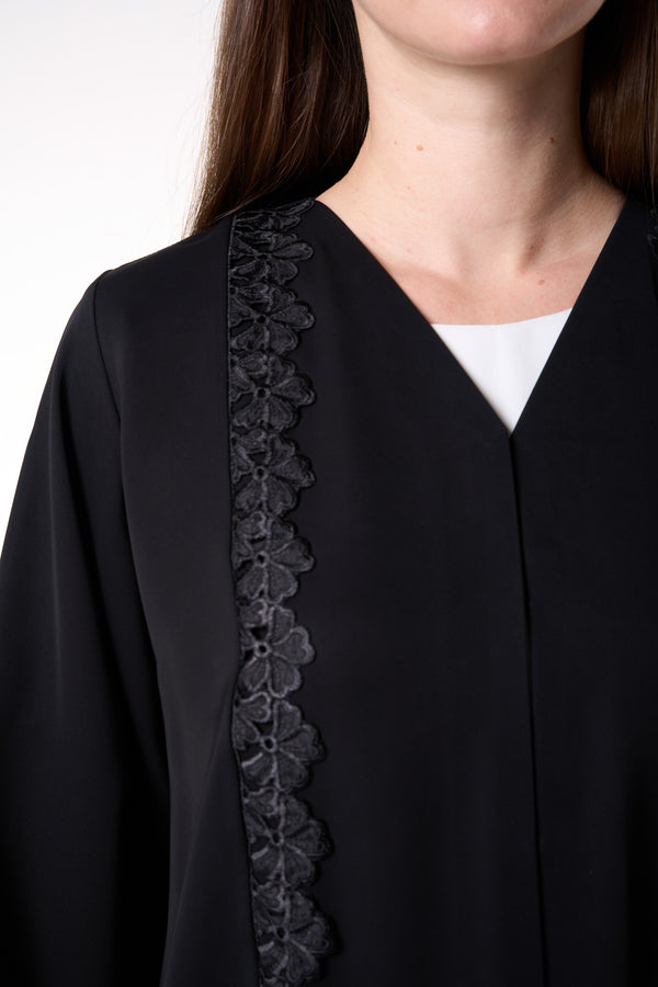 Black Reem Nada Abaya with Dual Lace Panel Detailing