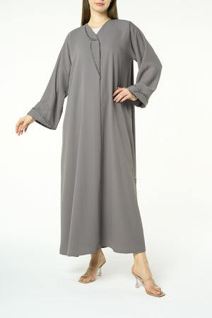 Beige Aroma Crepe Abaya with Beaded Trim Detailing