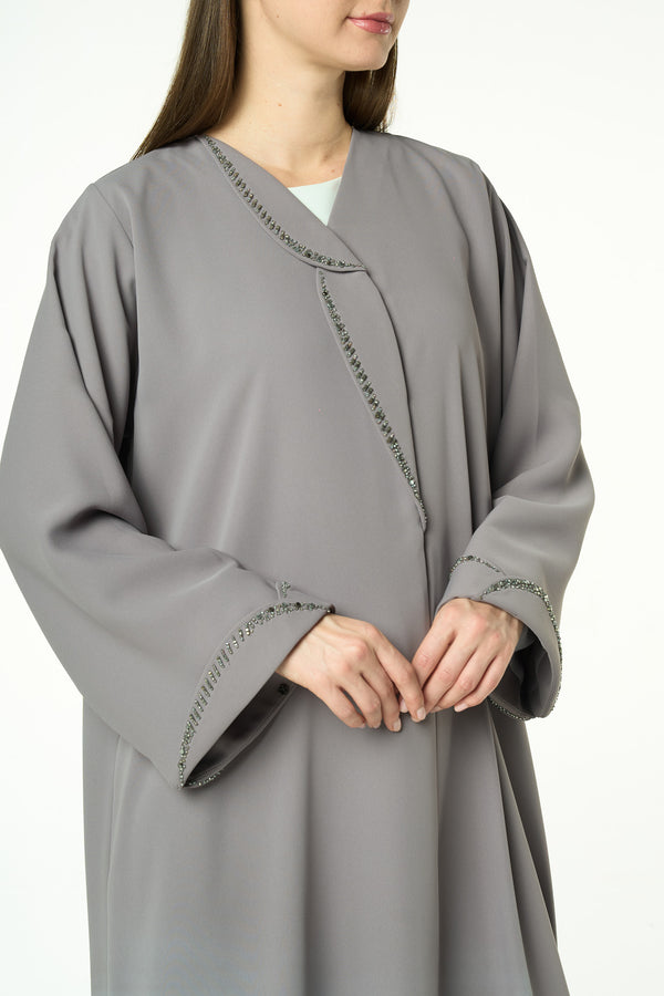 Beige Aroma Crepe Abaya with Beaded Trim Detailing