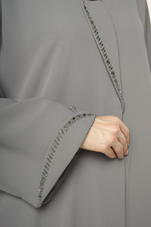 Beige Aroma Crepe Abaya with Beaded Trim Detailing