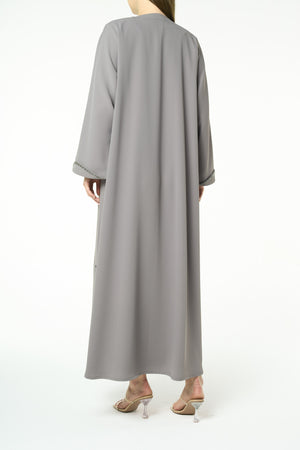 Beige Aroma Crepe Abaya with Beaded Trim Detailing