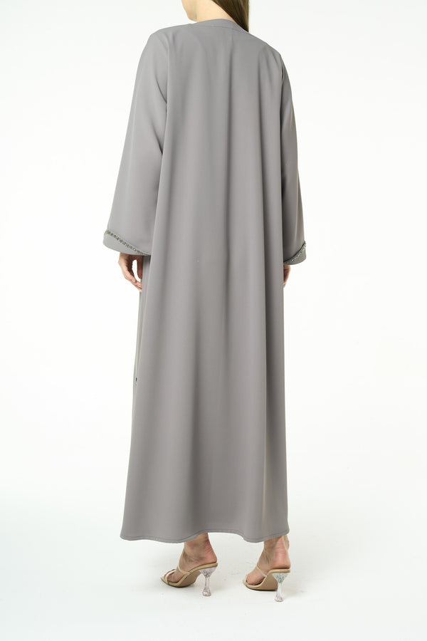 Beige Aroma Crepe Abaya with Beaded Trim Detailing