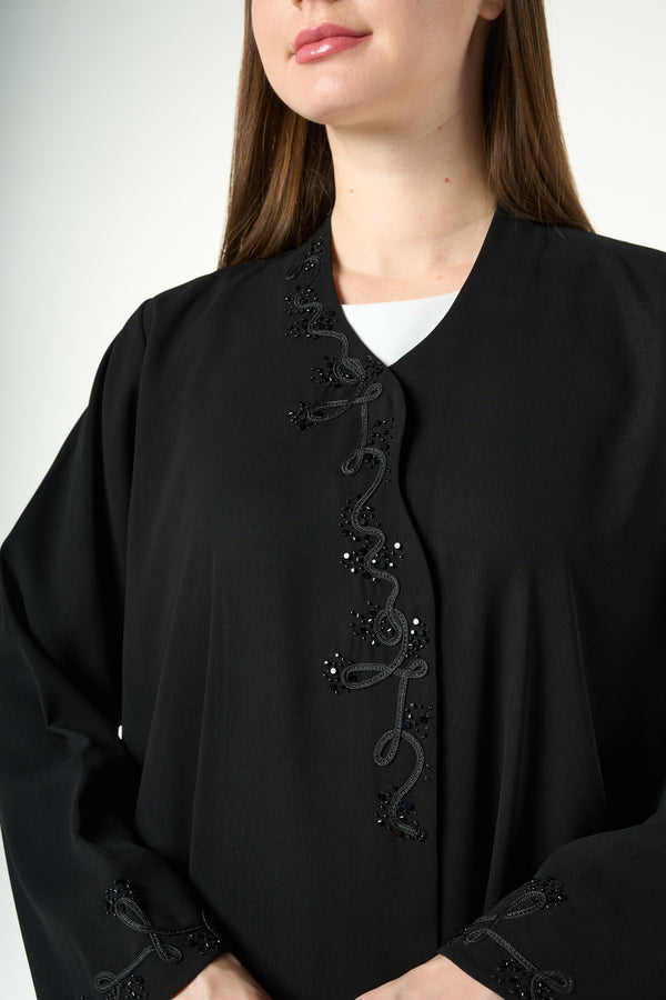 Black Shafa Crepe Custom Abaya with Beaded Vine Detailing