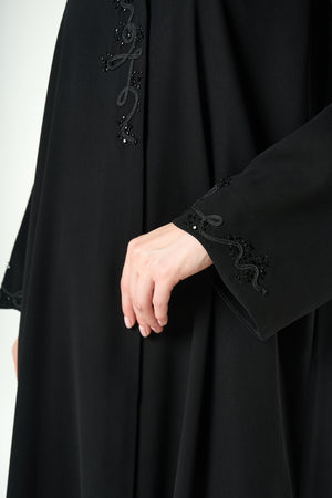 Black Shafa Crepe Custom Abaya with Beaded Vine Detailing