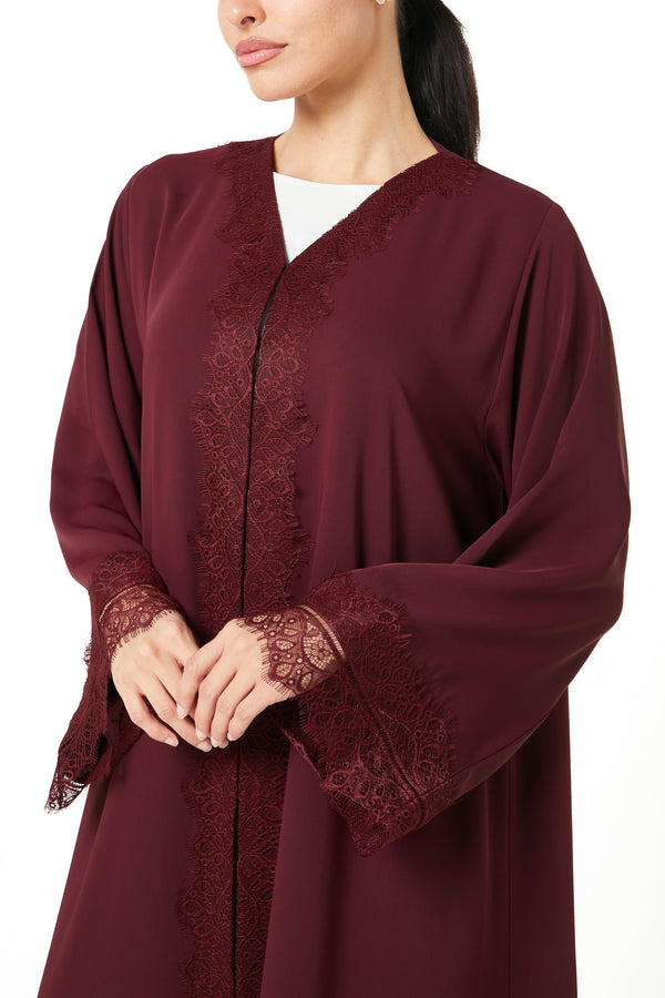 Maroon Atlas Crepe Abaya, Lace Detail