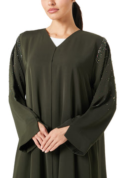 Green Aria Crepe Abaya, Front Beadwork