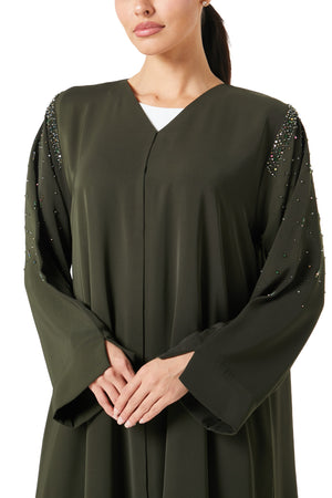 Green Aria Crepe Abaya, Front Beadwork