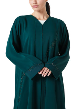 Green Atlas Crepe Abaya, Front Beadwork