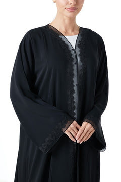 Black Atlas Crepe Abaya, Lace Detail