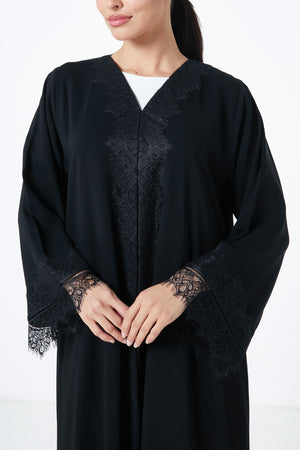 Black Layan Crepe Abaya, Lace Detail