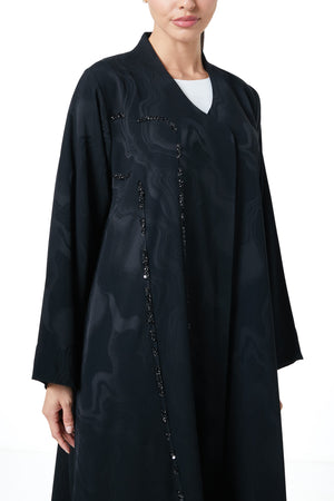 Black Esme Jacquard Abaya, Front Beadwork