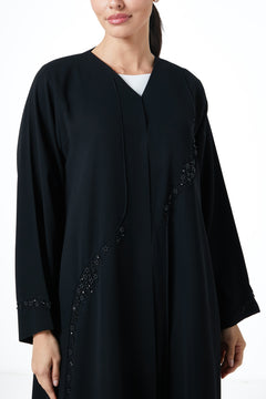 Black Wave Crepe Custom Abaya, Front Beadwork