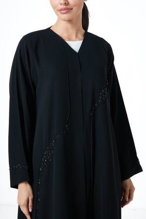 Black Wave Crepe Custom Abaya, Front Beadwork