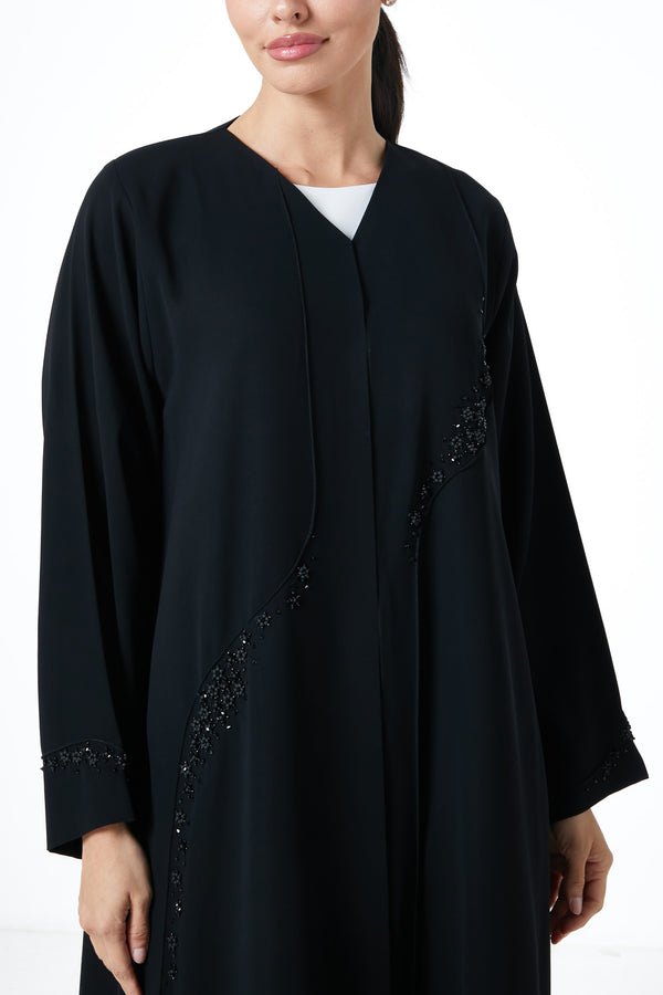 Black Wave Crepe Custom Abaya, Front Beadwork