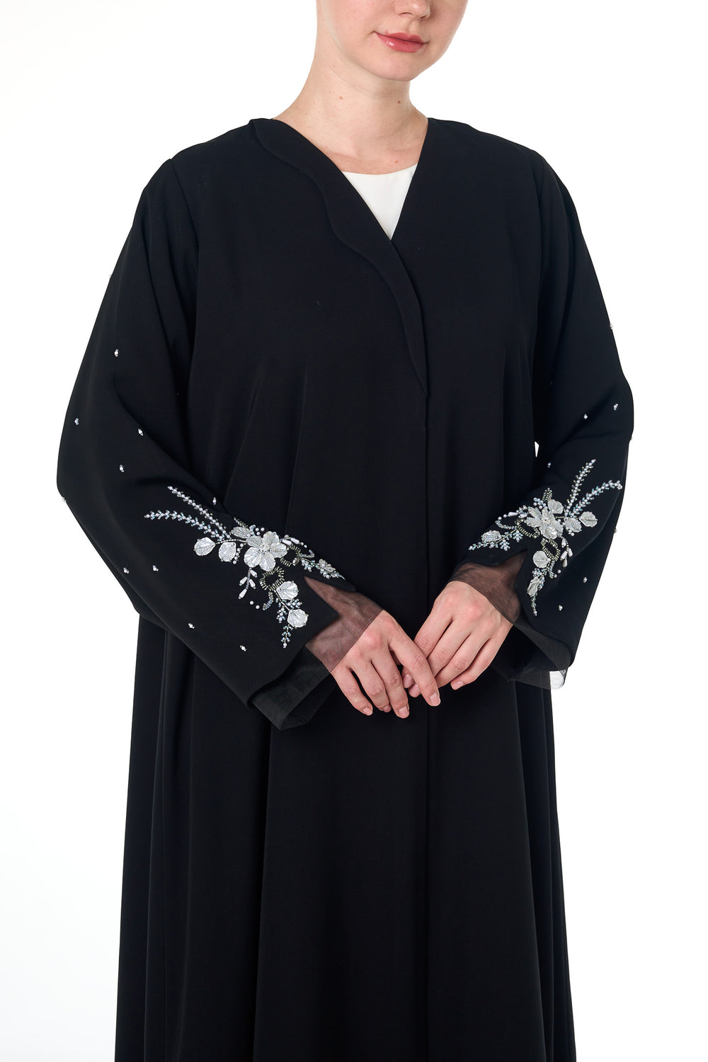 Black Arwa Crepe Abaya, Front Beadwork