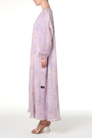 Purple Durra Chiffon Abaya, Lace Detail