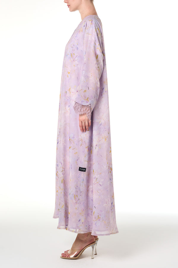 Purple Durra Chiffon Abaya, Lace Detail