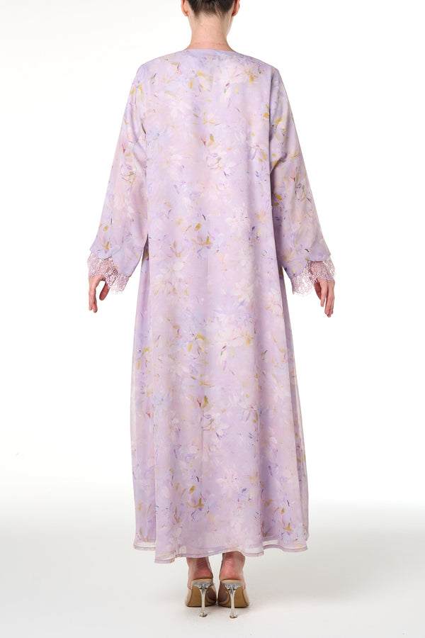Purple Durra Chiffon Abaya, Lace Detail