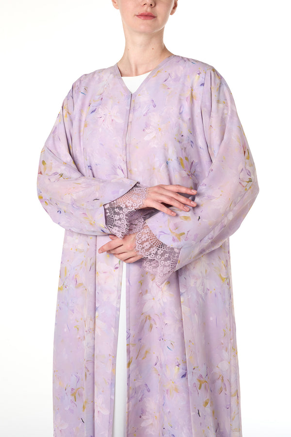 Purple Durra Chiffon Abaya, Lace Detail
