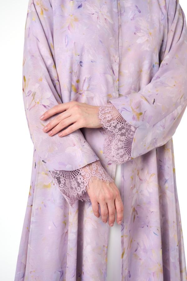 Purple Durra Chiffon Abaya, Lace Detail