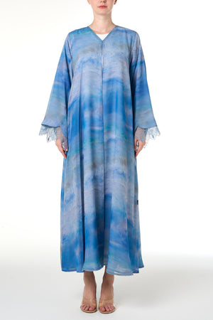 Blue Durra Chiffon Abaya, Lace Detail