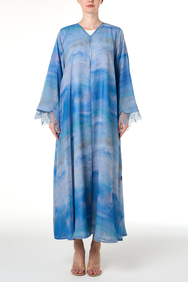 Blue Durra Chiffon Abaya, Lace Detail