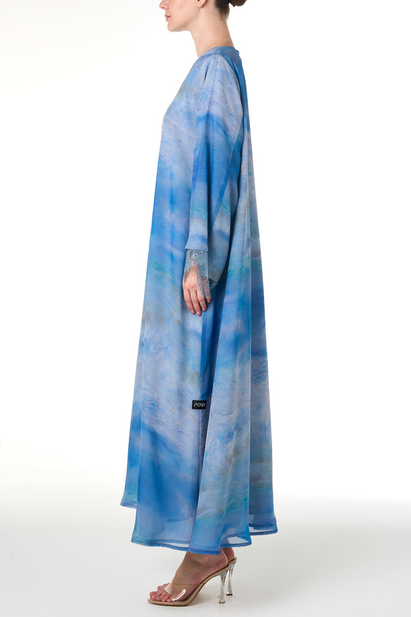 Blue Durra Chiffon Abaya, Lace Detail
