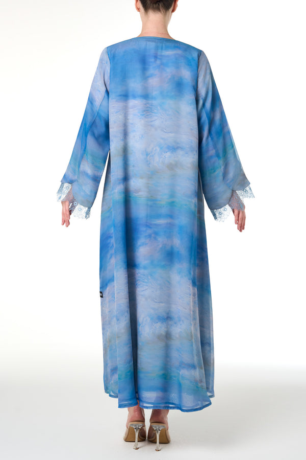 Blue Durra Chiffon Abaya, Lace Detail