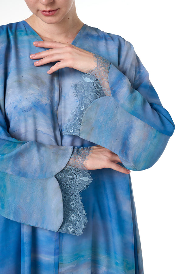 Blue Durra Chiffon Abaya, Lace Detail
