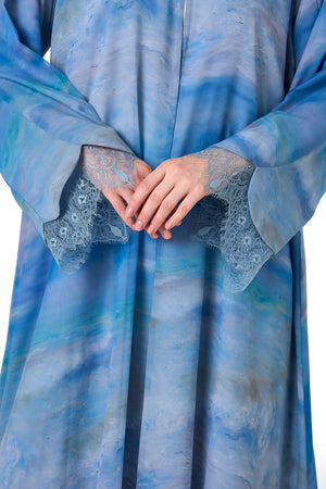 Blue Durra Chiffon Abaya, Lace Detail
