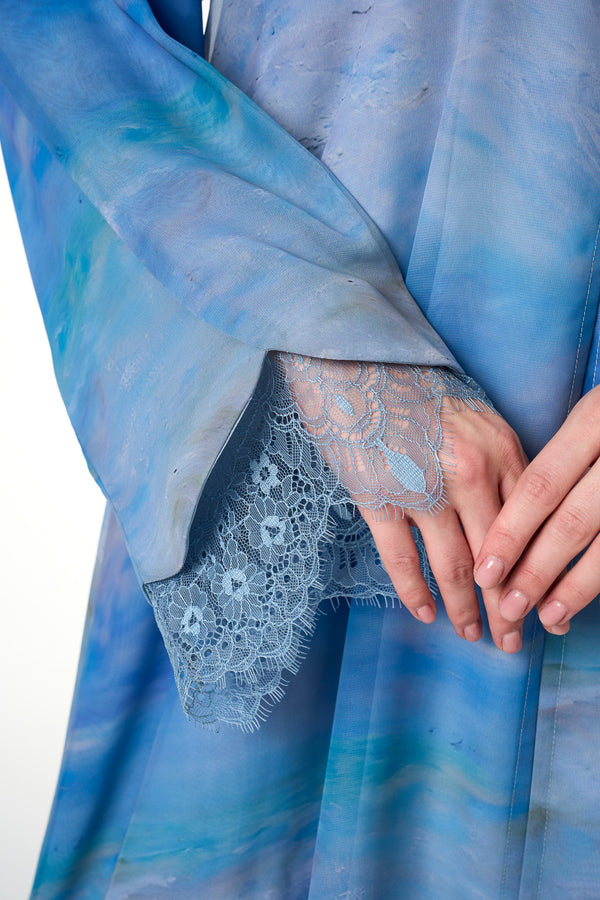 Blue Durra Chiffon Abaya, Lace Detail