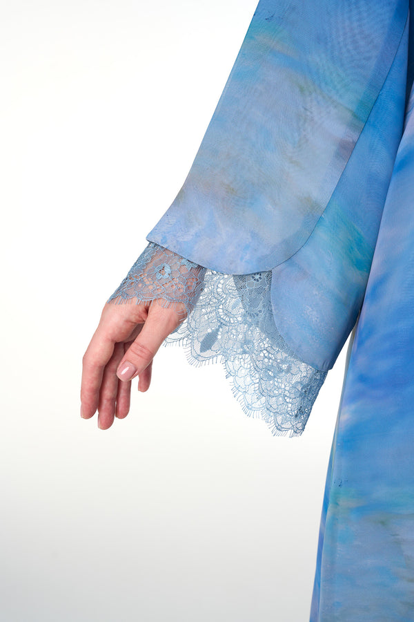 Blue Durra Chiffon Abaya, Lace Detail