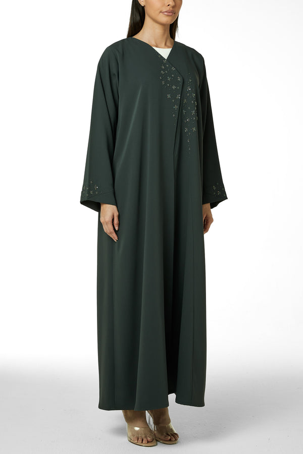 Green Zoe Crepe, Front and Sleeve Beadwork Detail