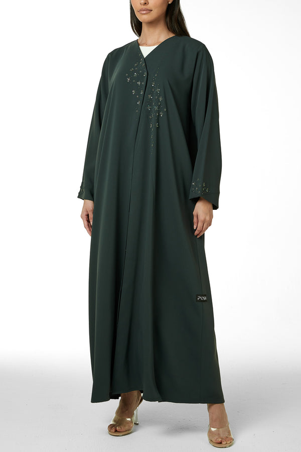 Green Zoe Crepe, Front and Sleeve Beadwork Detail