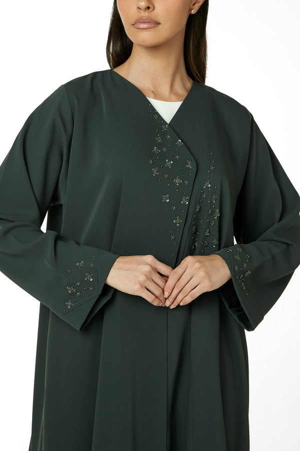 Green Zoe Crepe, Front and Sleeve Beadwork Detail