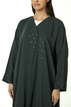 Green Zoe Crepe, Front and Sleeve Beadwork Detail