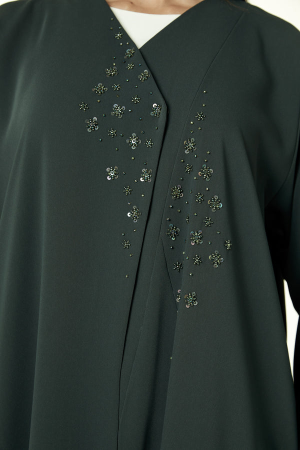 Green Zoe Crepe, Front and Sleeve Beadwork Detail